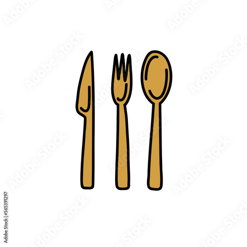 Reusable cutlery, biodegradable table setting for food made of natural eco recycle reusable material doodle icon, vector color line illustration