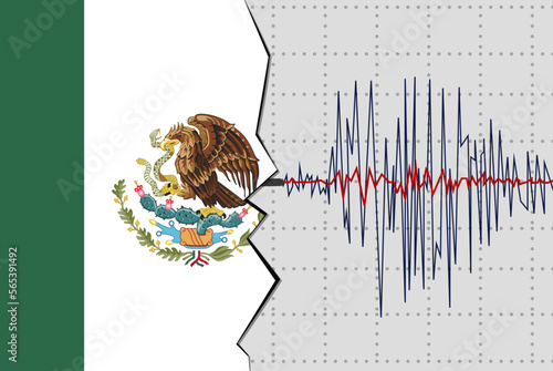 Earthquake in Mexico, natural disasters news banner idea, seismic wave with flag