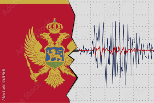 Earthquake in Montenegro, natural disasters news banner idea, seismic wave with flag