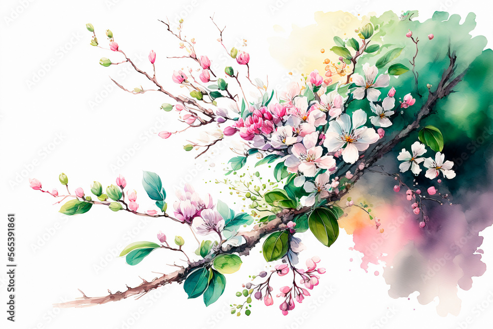 Fototapeta premium Beautiful spring blooming rose bush on a white background. spring nature water color scene. Generative AI