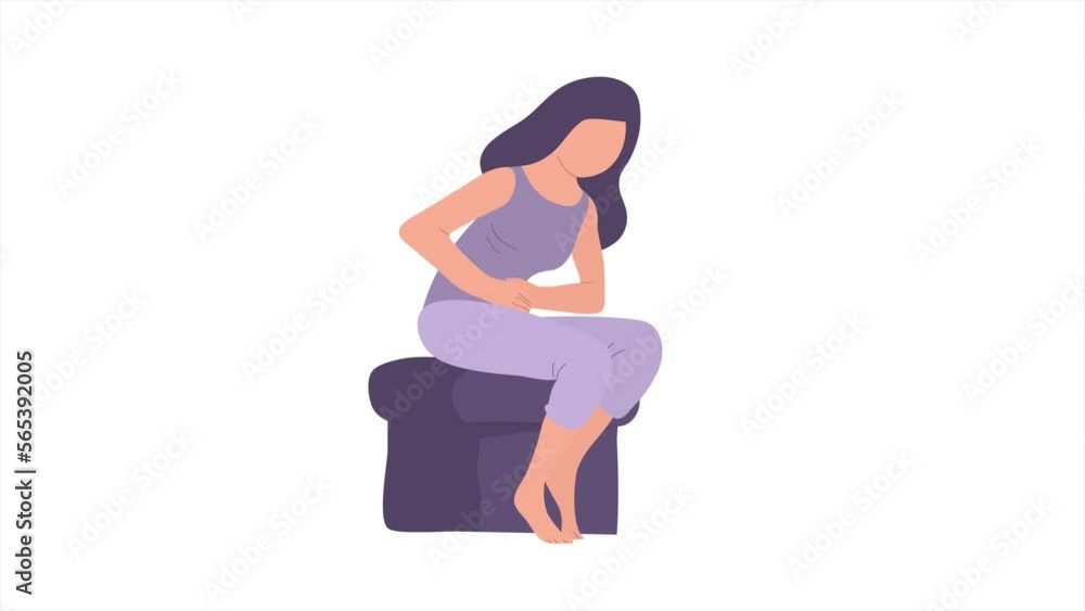 A young woman suffers from abdominal pain. Symptom of menstruation, acute gastritis, diarrhea. Disease of the gastrointestinal tract. Flat vector illustration isolated on white background A young woman suffers from abdominal pain. Symptom of menstruation, acute gastritis, diarrhea. Disease of the gastrointestinal tract. Flat vector illustration isolated on white background