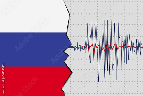 Earthquake in Russia, natural disasters news banner idea, seismic wave with flag