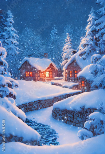 Christmas a small cottage on top illustration Generative AI Content by Midjourney