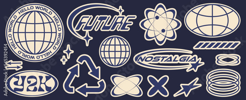 Retro futuristic sticker. Abstract graphic geometric symbols and objects in y2k style. Templates for notes, posters, banners, stickers, business cards, logo. Nostalgia for 2000s.