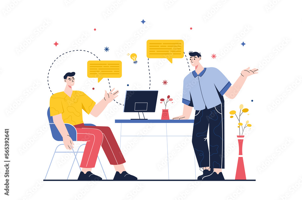 Teamwork concept with people scene in the flat cartoon style. Two colleagues work together in the office to improve the company. Teamwork concept with people scene in the flat cartoon style. Two colleagues work together in the office to improve the company.