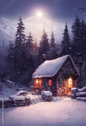 Christmas a small cottage on top illustration Generative AI Content by Midjourney © simon
