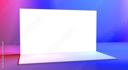 Empty stage design for mockup and corporate identity, display. Platform elements in hall. Blank screen system for graphic Resources. Scene event led night light staging. 3d rendering for online.