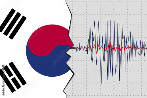 Earthquake in South Korea, natural disasters news banner idea, seismic wave with flag