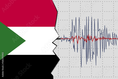 Earthquake in Sudan, natural disasters news banner idea, seismic wave with flag