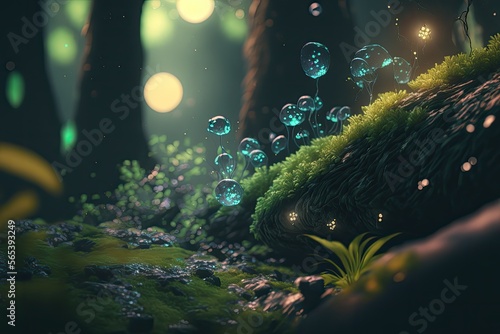 Magic forest fantasy nature background mystic glow light landscape Generative AI Illustration