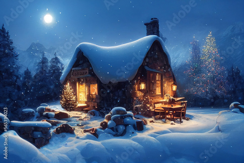 Christmas a small cottage on top illustration Generative AI Content by Midjourney © simon