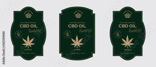 CBD oil label design cannabis oil labels cosmetic products for skin care and beauty, herbal ingredients. Labels with sketches, package emblem. Green gold premium vector illustration.
