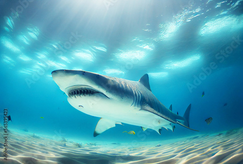 Great shark close up view. Generative Ai Art. Underwater scene with sunlights. © Sci-Fi Agent