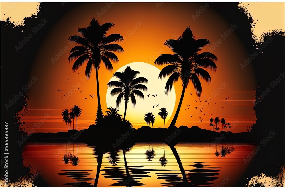 Silhouette Tropical Palm Trees At Sunset - Summer Vacation With Vintage Tone And Bokeh Light