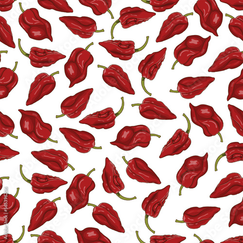 Seamless pattern with Naga Viper pepper. Capsicum chinense. Hot chili pepper.Chili pepper. Fresh, organic, raw, vegan vegetables. Cartoon style. Vector illustration isolated on white background.
