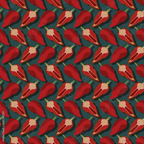 Seamless pattern with Naga Viper pepper. Capsicum chinense. Hot chili pepper.Chili pepper. Vegetables. Flat style. Vector illustration isolated on green background.