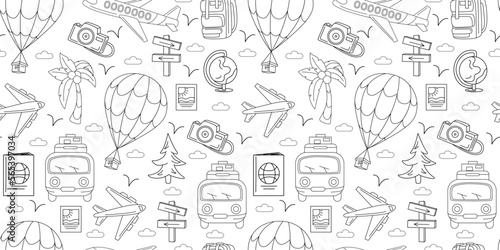 Doodle travel pattern. Summer sea vacation. Wallpaper icons. Hand drawn marine sketch. Funny pencil symbols. Journey by plane and car van. Photo and palm. Vector seamless recent texture
