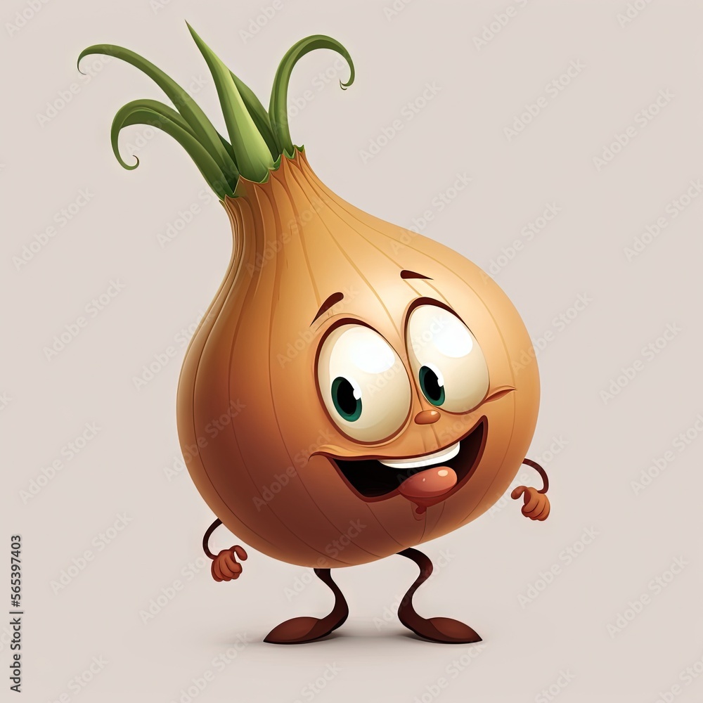 a onion character with a goofy expression on his face and hands, with one hand on his hip, and