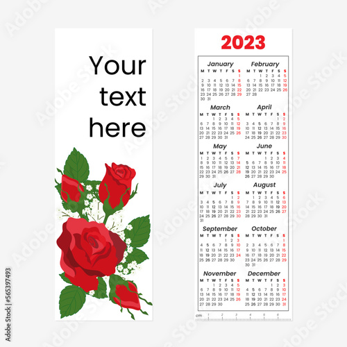 Bookmark with red roses and calendar