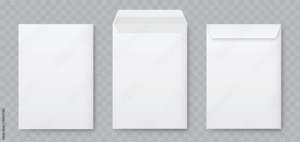 Realistic vector blank white letter paper C4 envelope front view. A4 C4, A5 C5, A3 C3 template on gray background - stock vector. - obrazy, fototapety, plakaty 