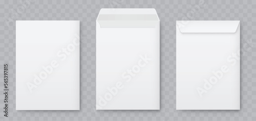 Realistic vector blank white letter paper C4 envelope front view. A4 C4, A5 C5, A3 C3 template on gray background - stock vector.