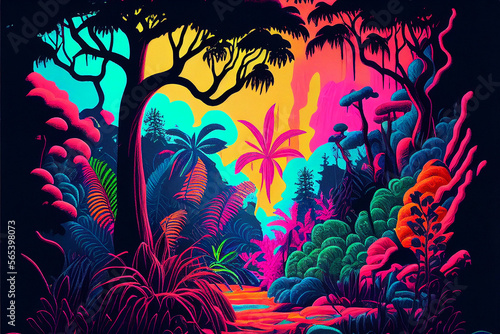Fantasy colorful jungles created with generative Ai technologies