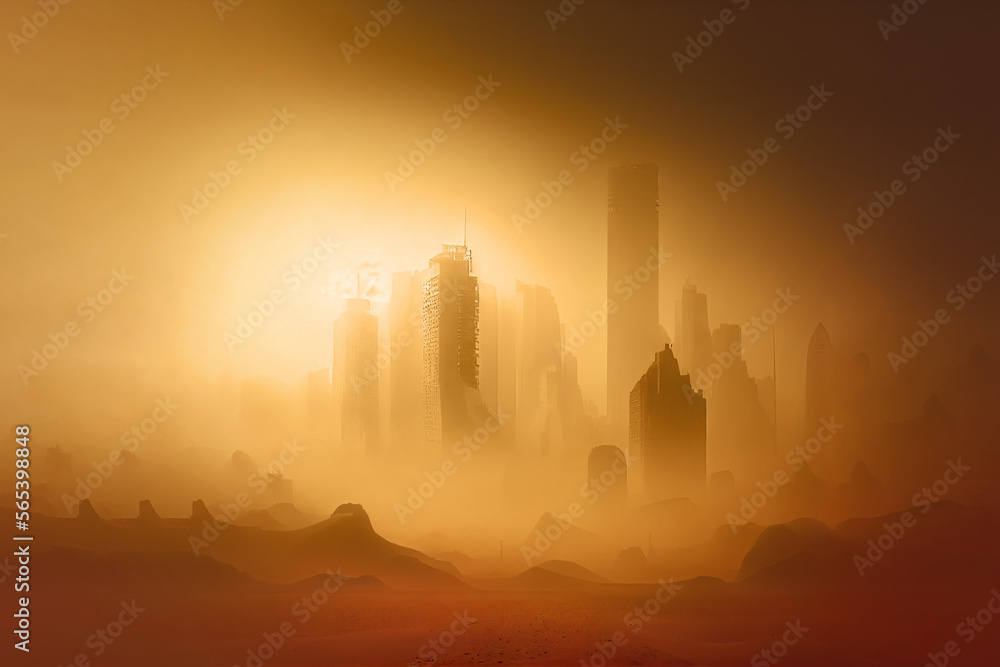 skyline of a city shrouded in haze and smog of air pollution. Generative Ai