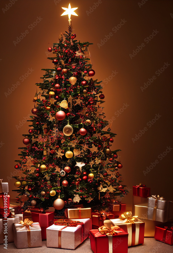 Many presents around the Christmas tree illustration Generative AI Content by Midjourney