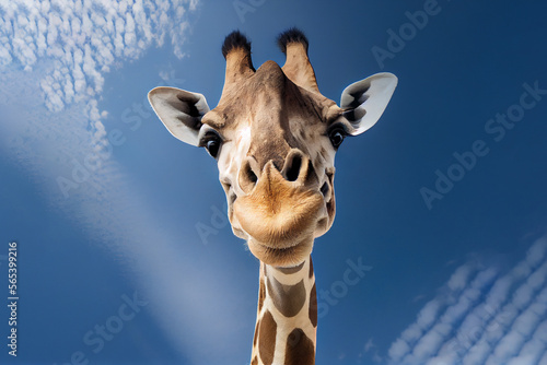 portrait of giraffe over blue sky. Generative Ai