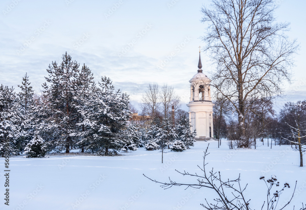 Winter in Pushkin. View of the Bell Tower at the Sophia (Ascension) Cathedral in Pushkin, St. Petersburg, Russia