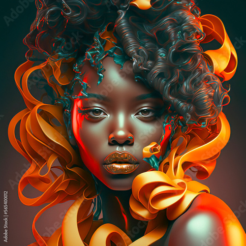 Vibrant Afrofuturism Style of a  Beautiful Woman with Curly Hair made with Generative AI photo