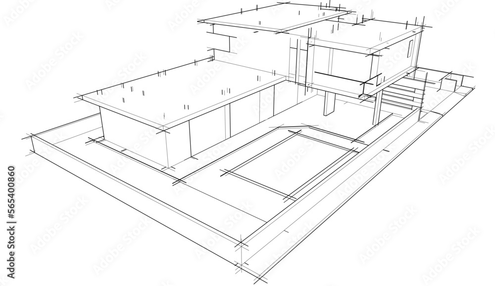 Architectural sketch of a building 3d illustration