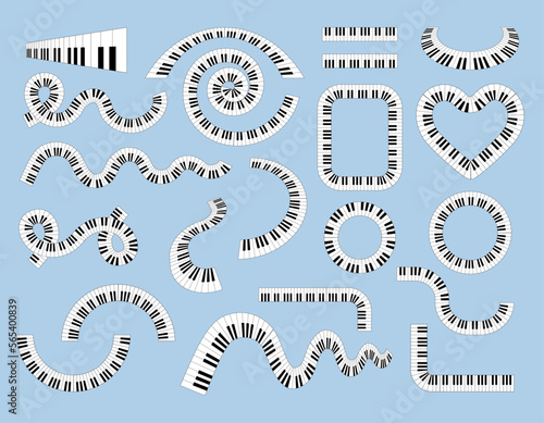 Circle piano keyboard. Jazz music poster. Creative line shapes set. Retro rhythm art. Party or concert sign. Pianoforte semicircles and border figures. Vector flat current illustration
