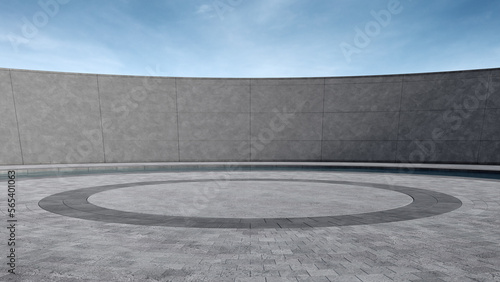 Empty round concrete floor with water canal. 3d rendering of abstract space with blue sky background.