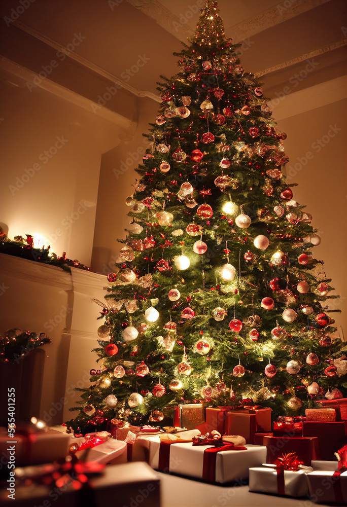 Many presents around the Christmas tree illustration Generative AI Content by Midjourney