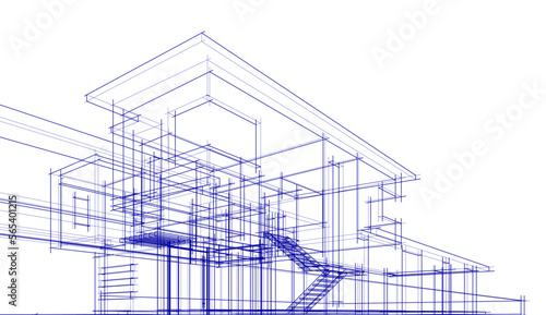 Architectural sketch of a building 3d illustration