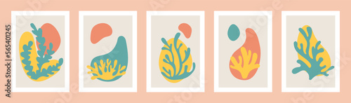Abstract corals, Matisse inspired shapes. Irregular flower nature art, organic covers, leaf paint, botanical wall art collection, minimal banner. Doodle algae. Vector illustration tidy posters
