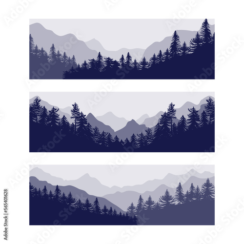 Forest. Pine trees silhouette, mountains simple shades. Horizon landscape with fir woods, route for adventures. Natural woodland, evergreen coniferous panorama. Vector banner garish background