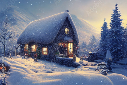 Christmas a small cottage on top of a snowy mountain Generative AI Content by Midjourney