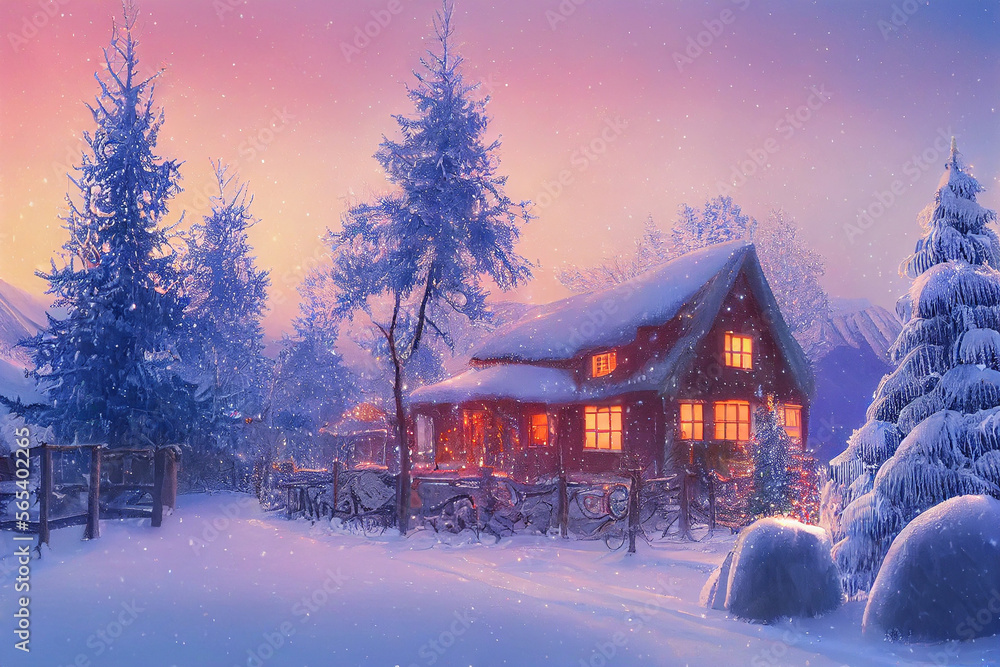 Beautiful winter house and christmas tree on the mountain Generative AI Content by Midjourney