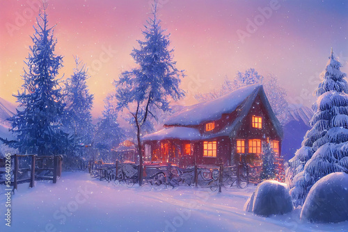 Beautiful winter house and christmas tree on the mountain Generative AI Content by Midjourney © simon