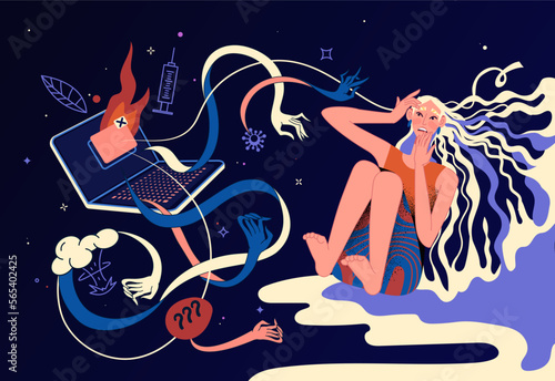 Social fear, woman in stress, anxiety news. Covid pandemic problems, disaster information, panic and protests. Negative mass information in internet. Vector illustration exact cartoon concept