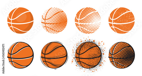 Basketball logo, american ball icons. 3d balloon basket design, orange and white circle signs. Championship logotype. Team textured emblem or label. Vector isolated current illustration © Natalia
