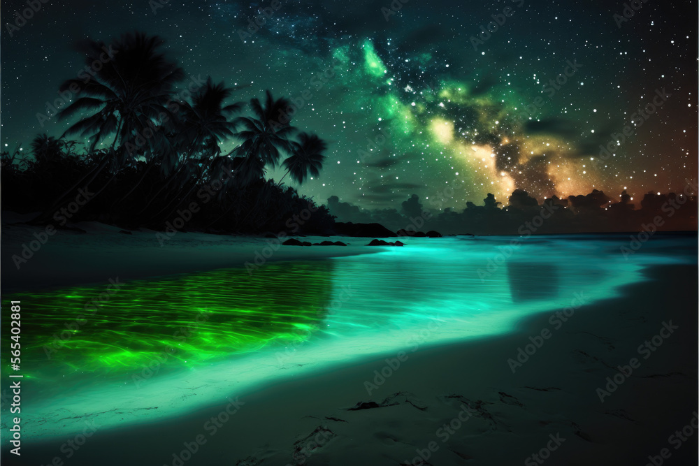 Tropical island at night with palm trees and galaxy sky — Generative AI