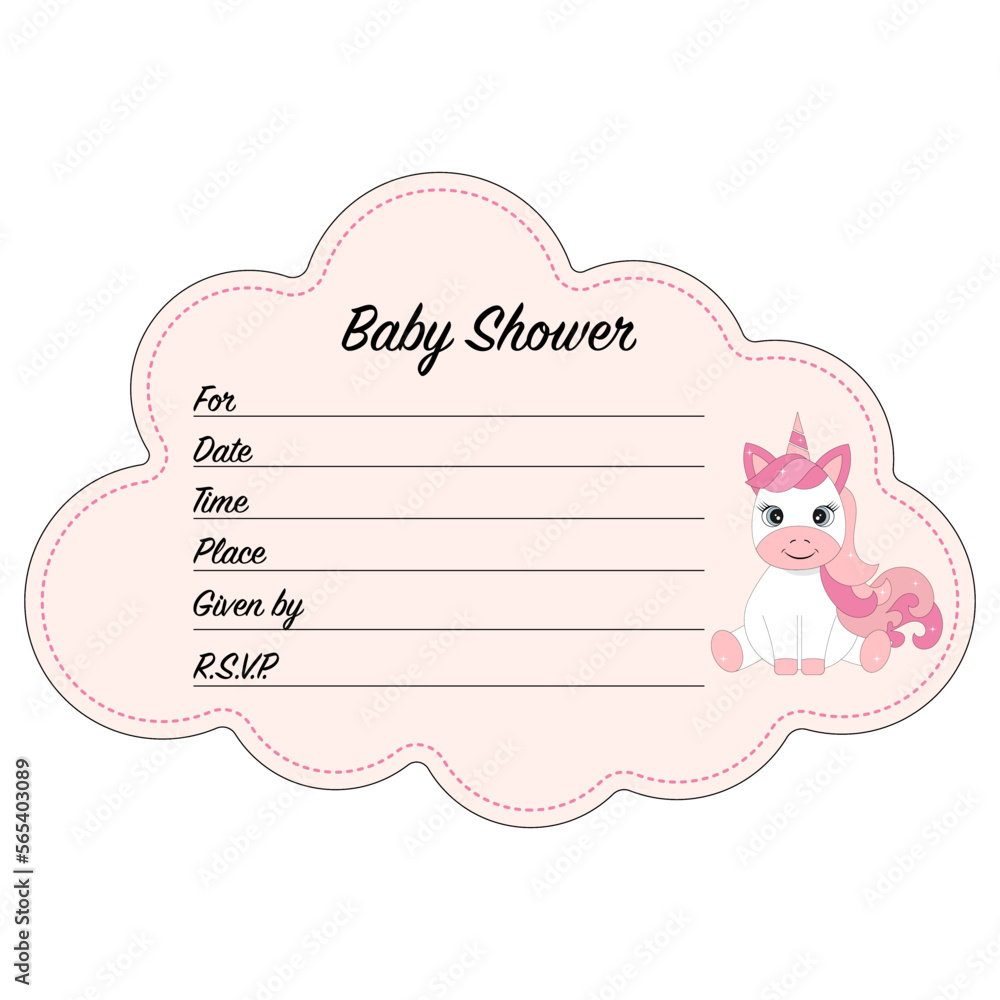 Vector illustration of an invitation to a baby shower in the form of a cloud with a unicorn.