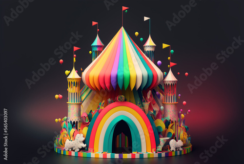 abstract fantasy 3d rainbow carnival deign on dark background,generative,ai.