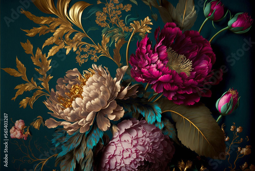 beautiful fantasy vintage wallpaper botanical flower gold loeaf bunch,vintage motif for floral print digital background.generative ai.
