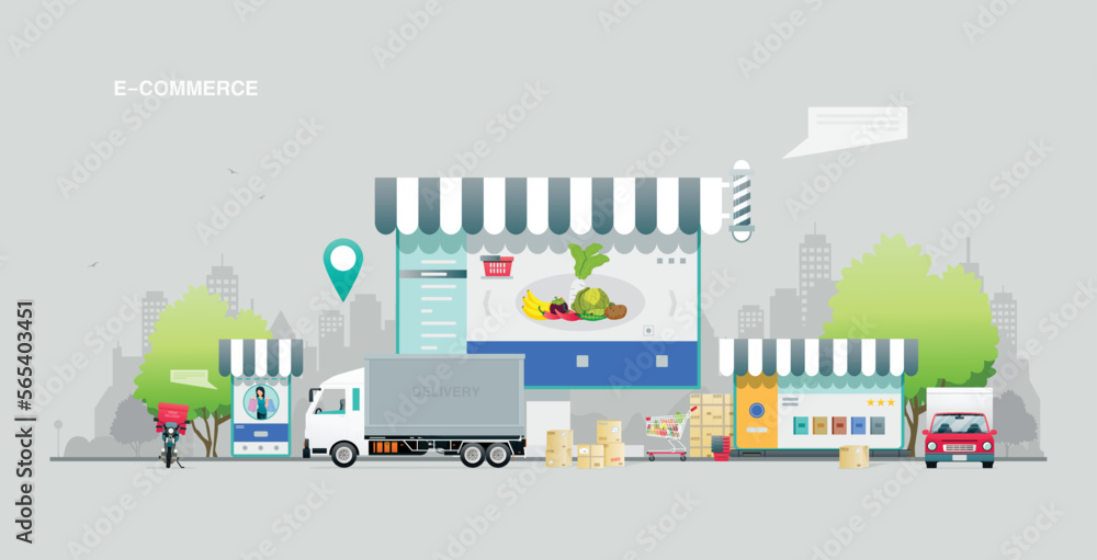 E-commerce online sales on internet platforms in computer monitors, laptops and mobile phones with delivery system.