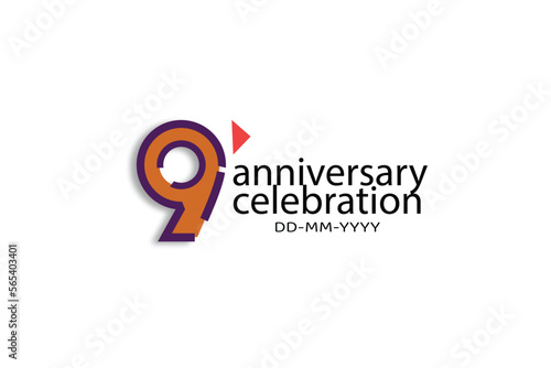 9 year anniversary celebration abstract style logotype. anniversary with purple, yellow, orange color isolated on white background, vector design for celebration, invitation, greeting card - Vector