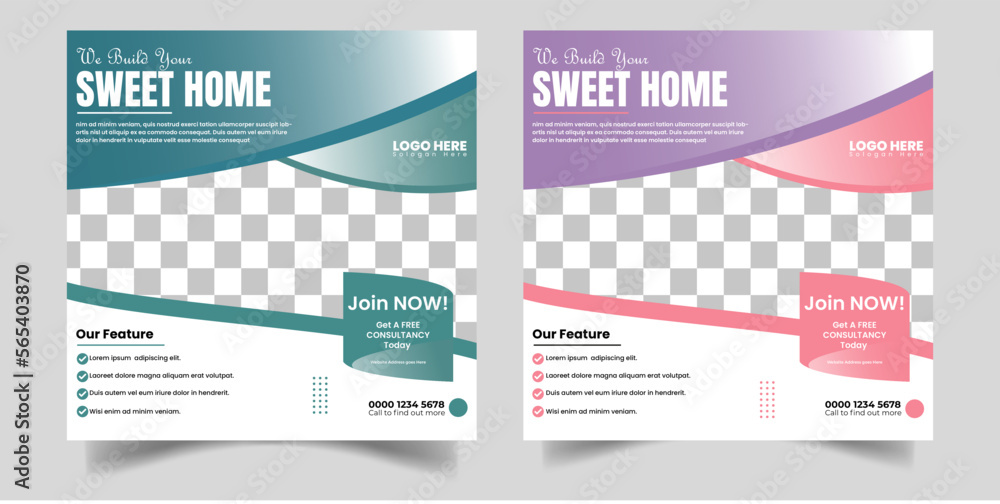 Business Home sale social media post template. Web banner, flyer or poster for travelling agency business offer promotion. Holiday and tour advertisement banner design
